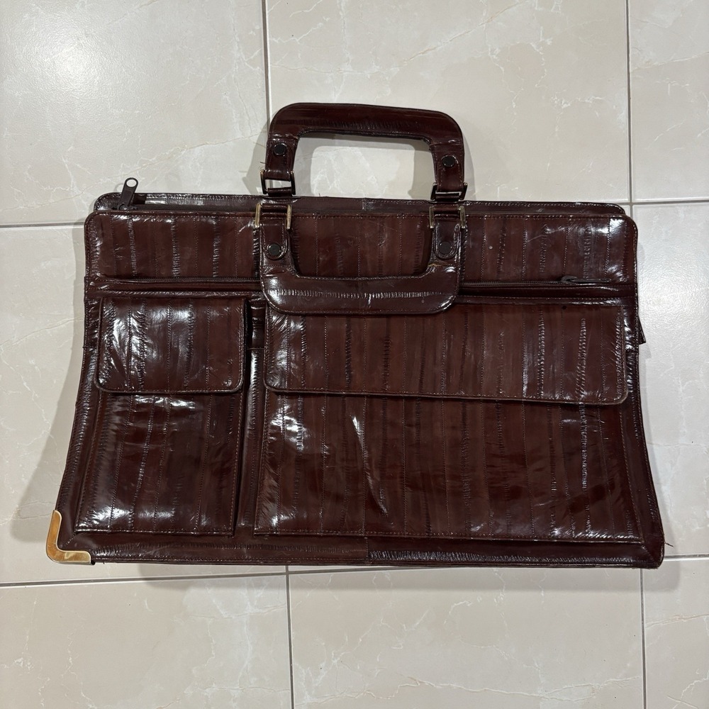 Vintage Genuine Eel Skin Leather Burgundy Briefcase Magnet Zip Laptop Academia
